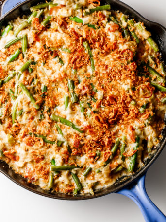 Cheesy Green Beans with crispy shallots