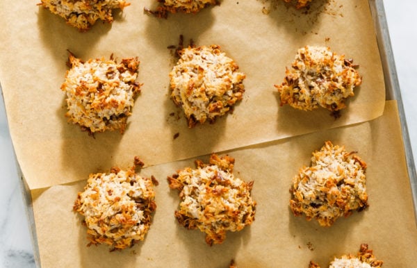 Coconut Macaroon Cookies with Pecans on parchment