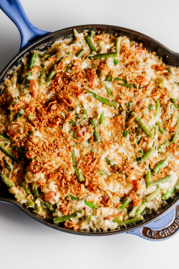 skillet of baked Cheesy Green Beans