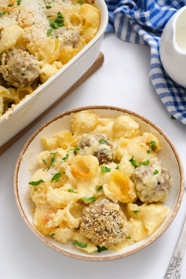 a bowl of 4-Cheese Meatball Casserole