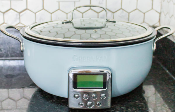 a baby blue smart skillet