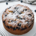 Sour Cream Blueberry Cake with powdered sugar dusting