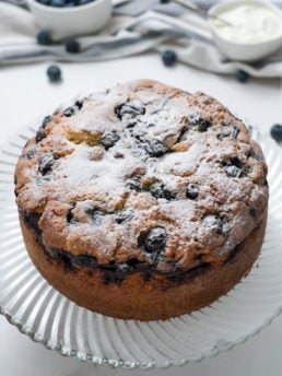 Sour Cream Blueberry Cake with powdered sugar dusting