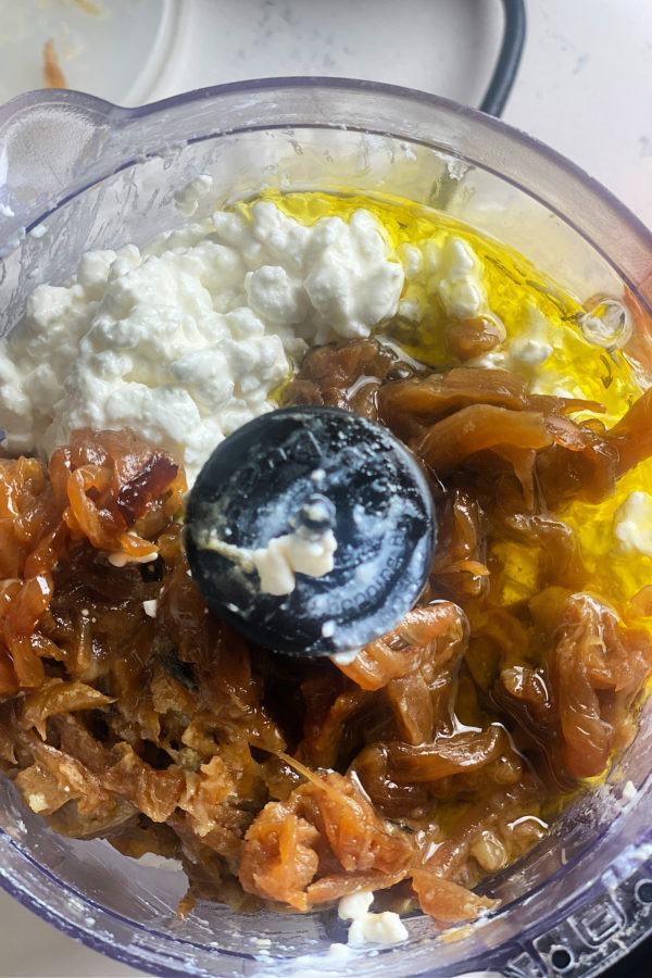 making cottage cheese dip with caramelized onions