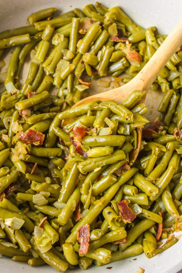 spoonful of green beans with bacon