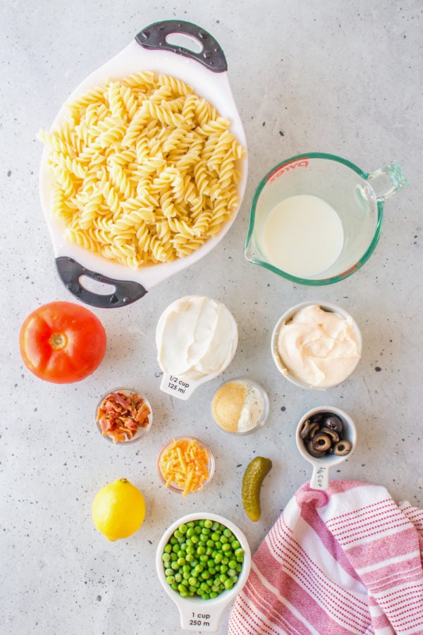 ingredients for a bacon ranch pasta salad