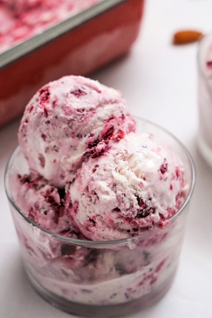 black cherry ice cream in a serving dish