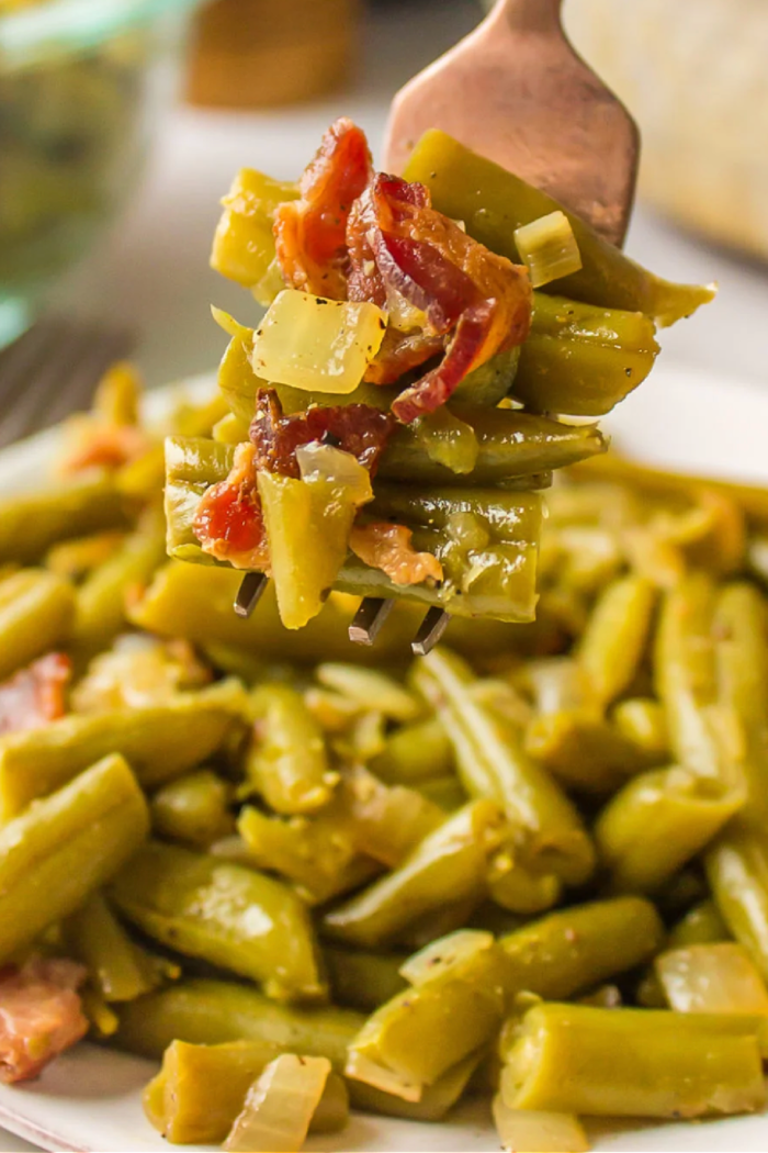 a bite of Green Beans with Bacon and Vinegar