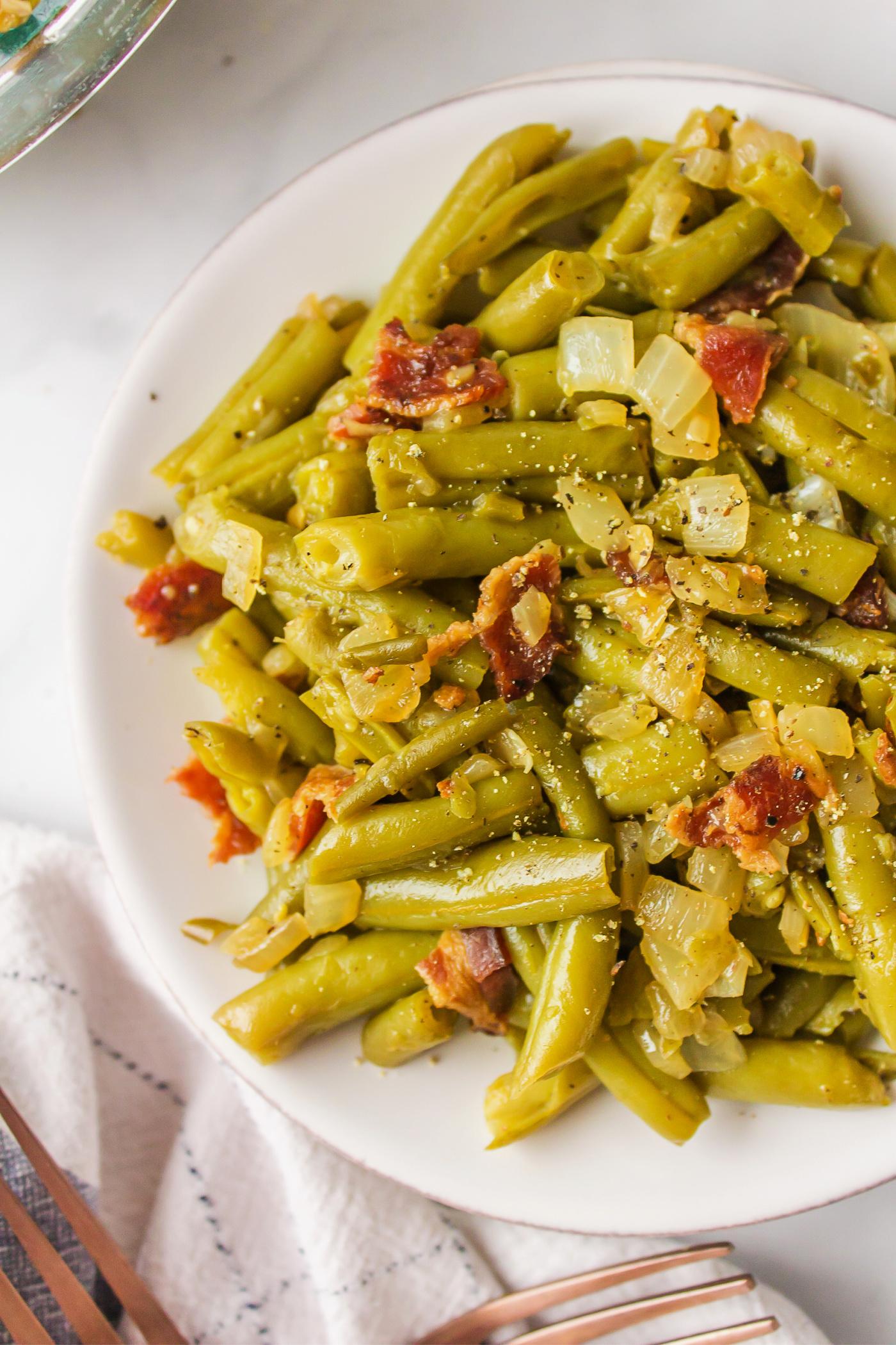 Green Beans with Bacon and Onions - Reluctant Entertainer