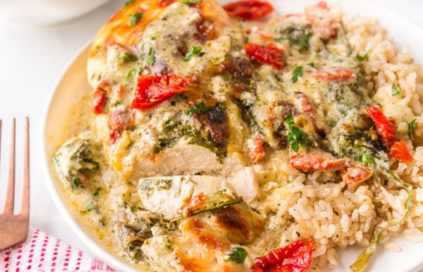 creamy Baked Tuscan Chicken with rice