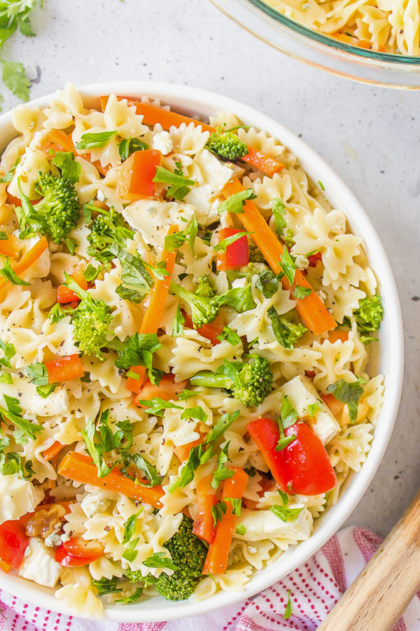 white serving bowl warm pasta salad