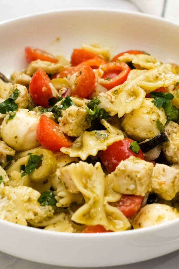 bowl of Chicken Pesto Pasta Salad