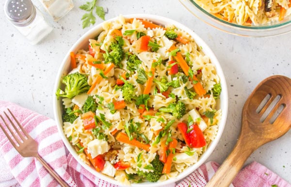 pasta salad with veggies and brie cheese