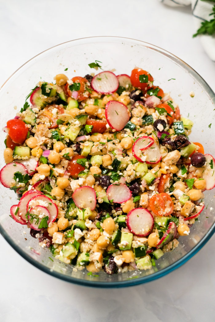 making Greek Chicken, Quinoa & Chickpea Salad