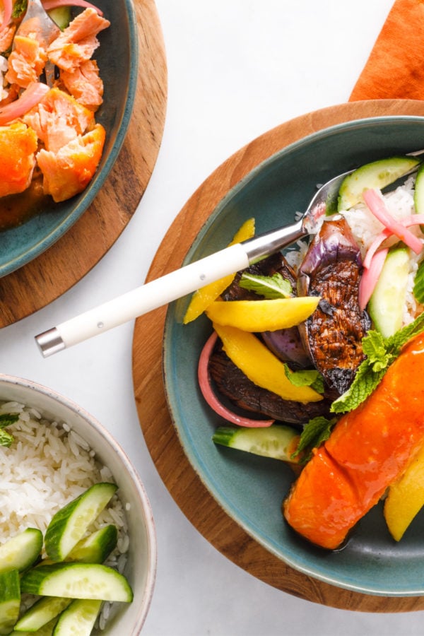 a Miso Salmon Bowl spread