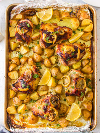 sheet pan of lemon chicken