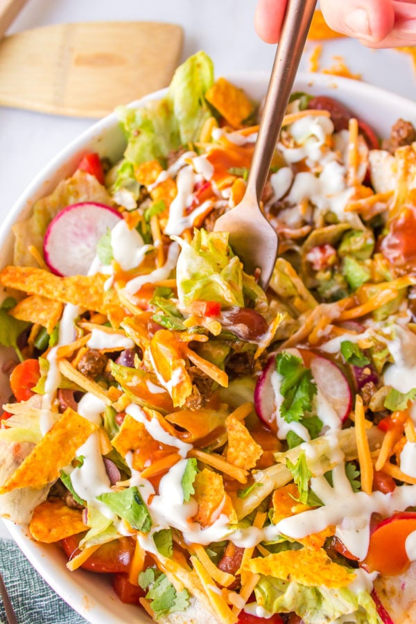 fork bite of Taco Salad with Catalina Dressing