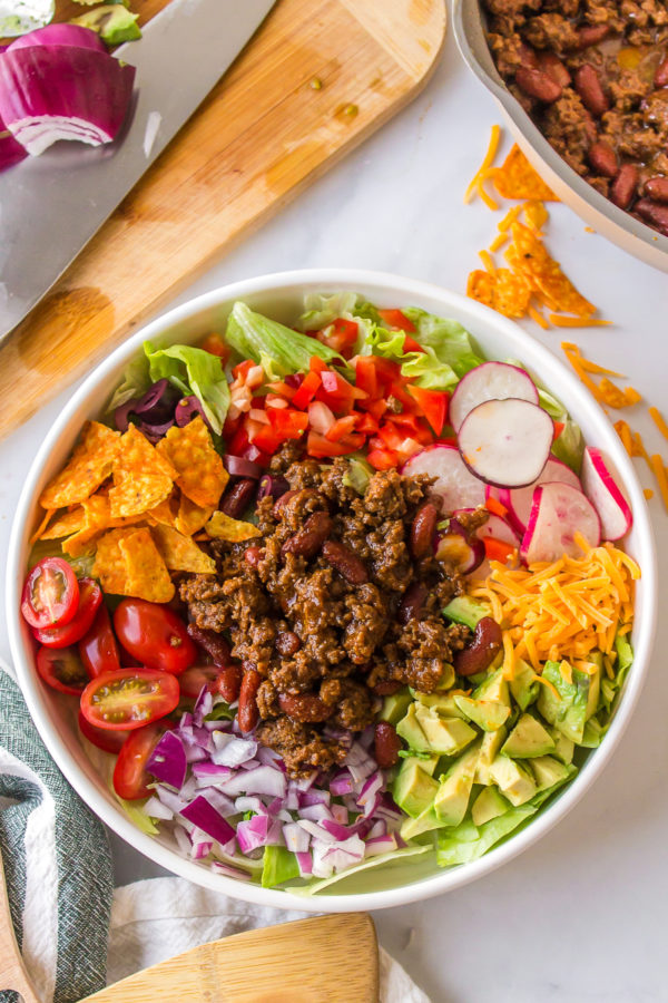 ingredients Taco Salad with Catalina Dressing in a salad bowl