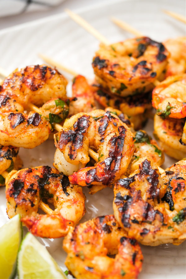 plate of Grilled Margarita Shrimp Skewers