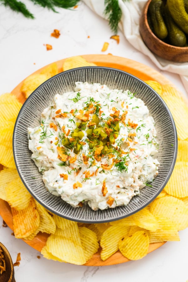 a bowl of Fried Onion Pickle Dip