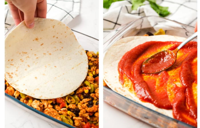 layering the flour tortillas