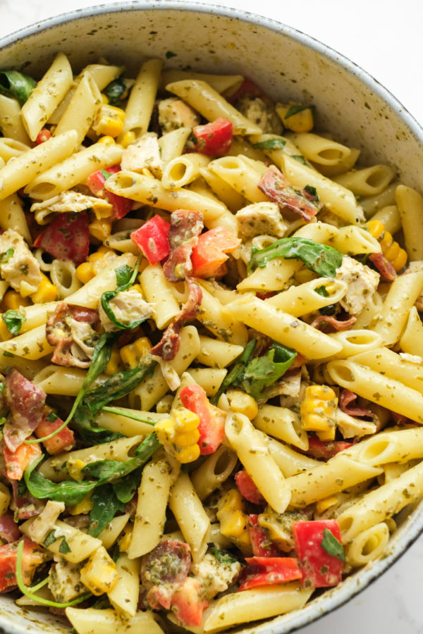 a pasta salad with penne and Ranch dressing