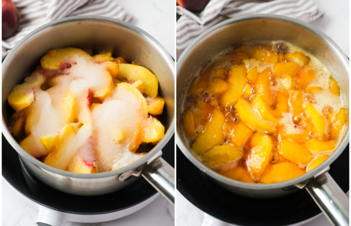 adding sugar and cooking peaches