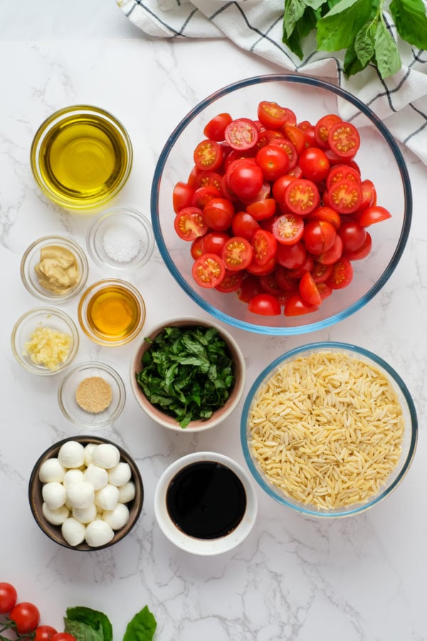 ingredients for Caprese Orzo Salad