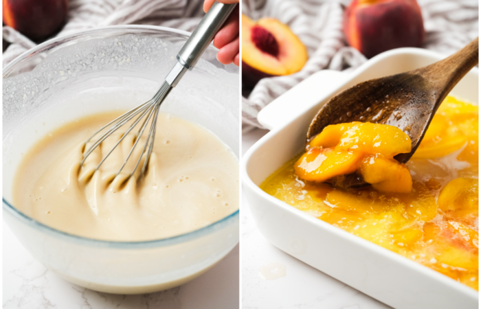 mixing batter and adding peaches