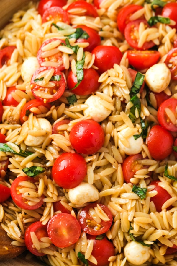 fresh basil and tomatoes in orzo