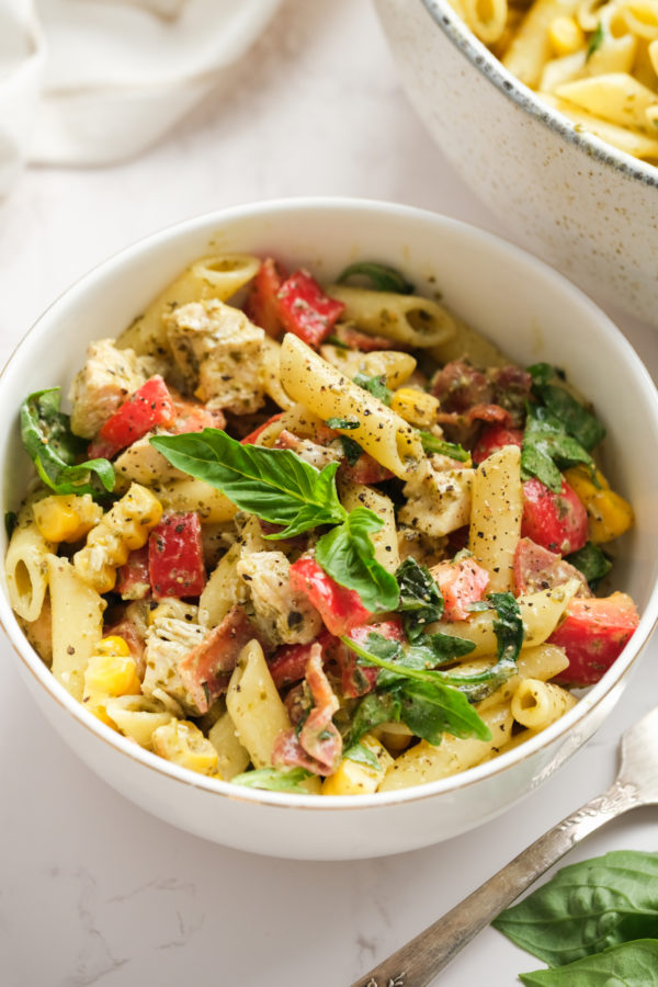 Chicken Ranch Pasta Salad with basil