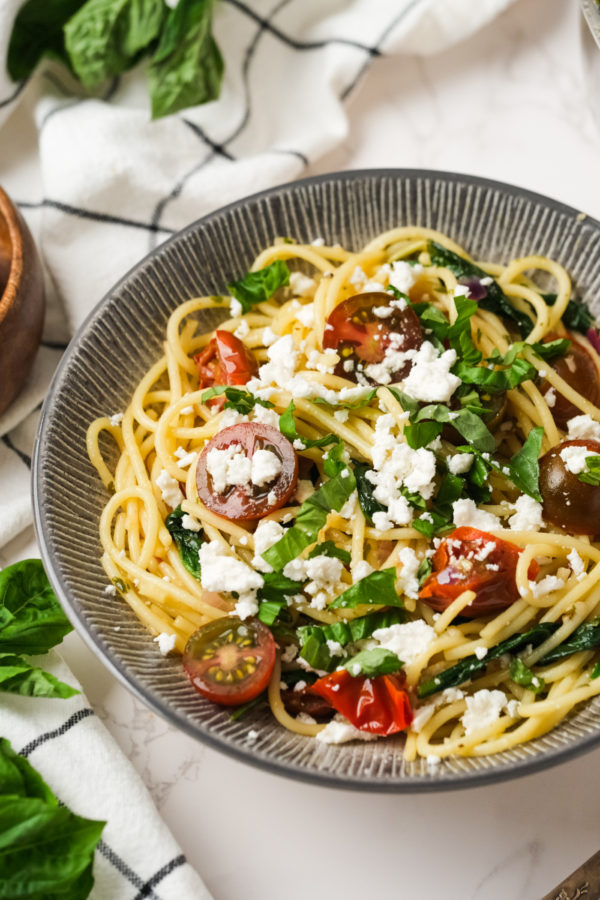 Greek Spaghetti with feta cheese and basil