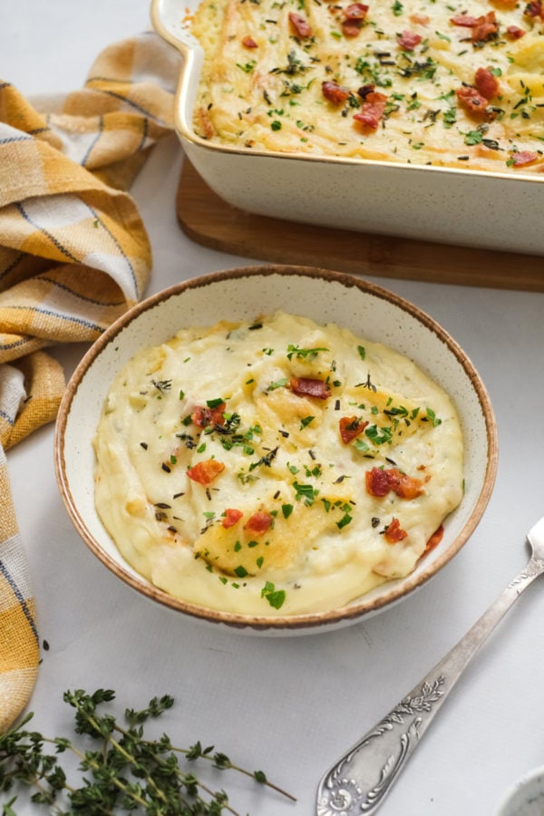 a serving of loaded mashed potato casserole
