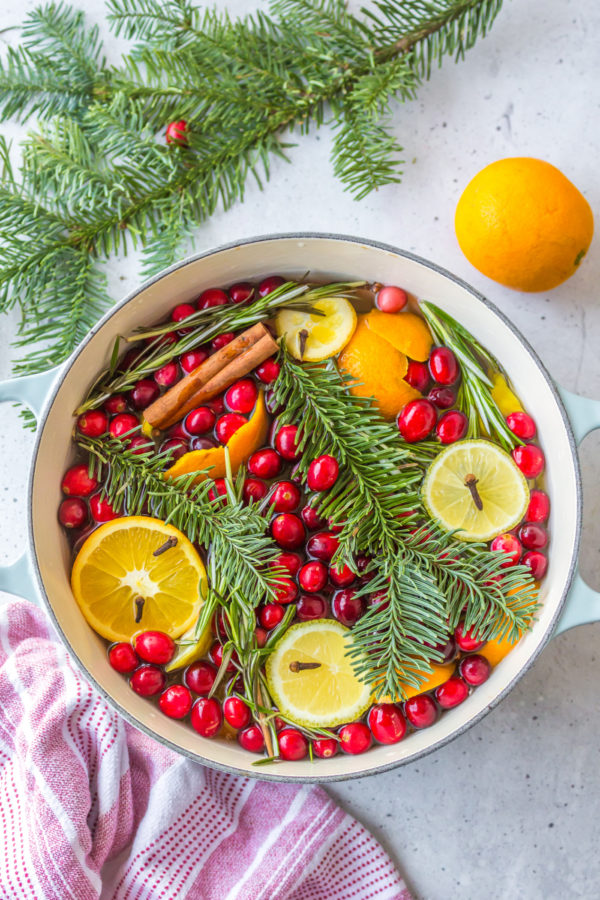 Dutch oven full of fruit, greenery, cinnamon