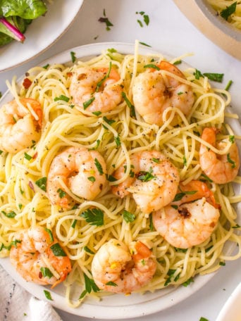 large shrimp with pasta dish