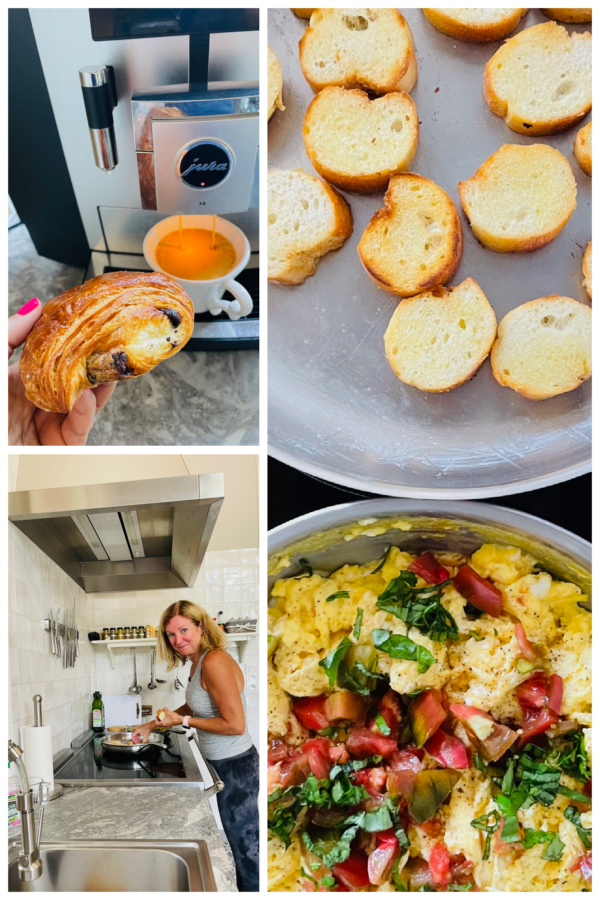 espresso, croissant and eggs and toast