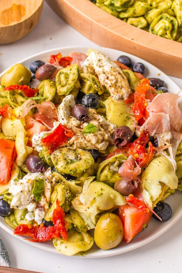 a serving of Tuscan Tortellini Salad