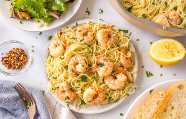 a serving of Shrimp Scampi with Angel Hair Pasta