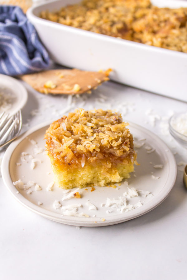 coconut almond topping on a piece of cake