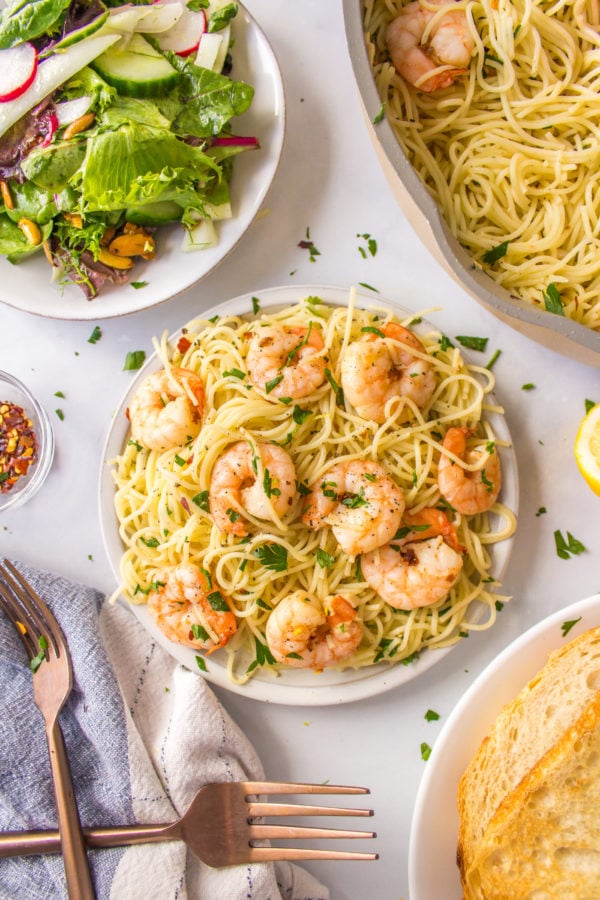 Shrimp Scampi with pasta and salad and bread