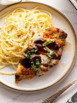 serving of Bruschetta Chicken Bake with pasta