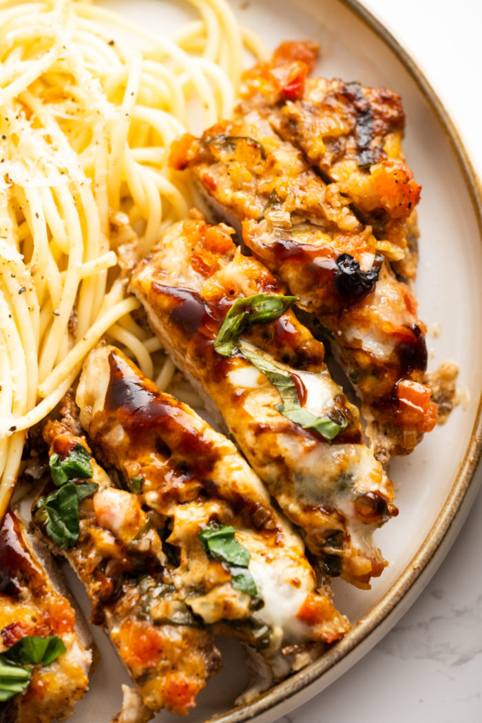 sliced chicken breast and pasta