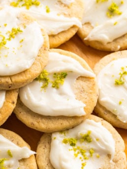 stack of round cookies with frosting