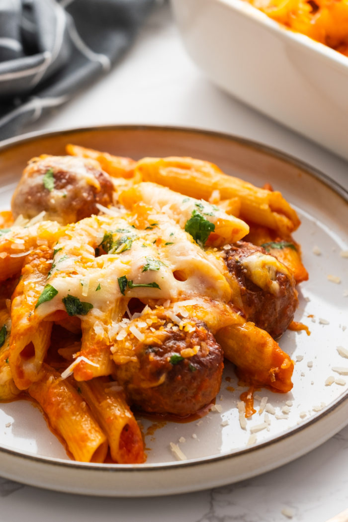 a serving of meatballs and pasta