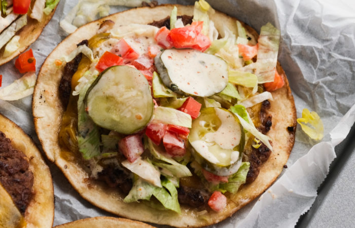a burger taco with pickles