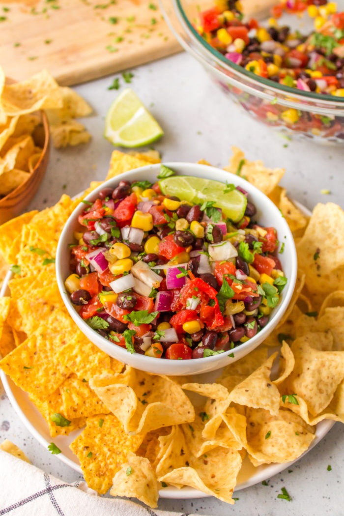 bowl of Black Bean Salsa with chips