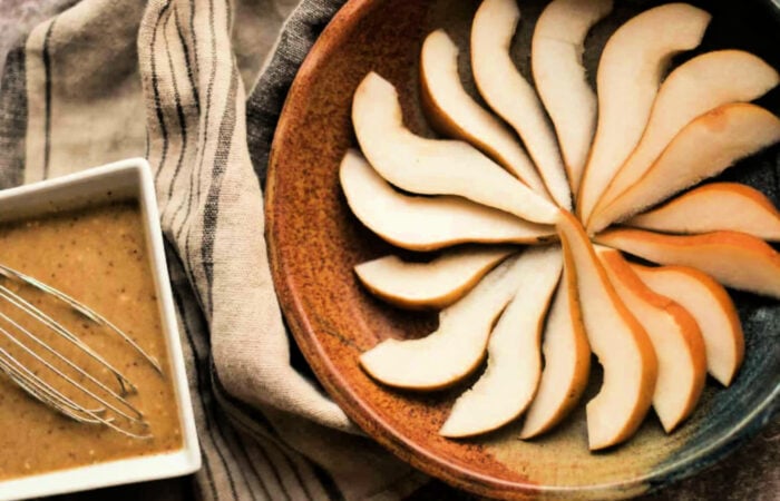 sliced pears for a pear custard pie