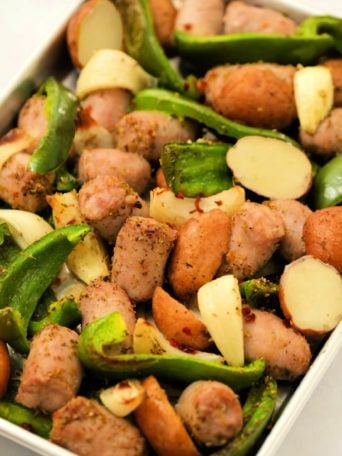 Sausage Peppers Potatoes and Onions in sheet pan