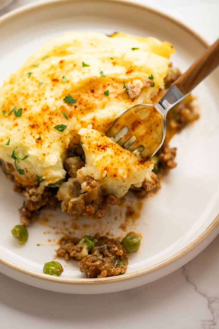 a fork bite of Guinness pie with mashed potatoes