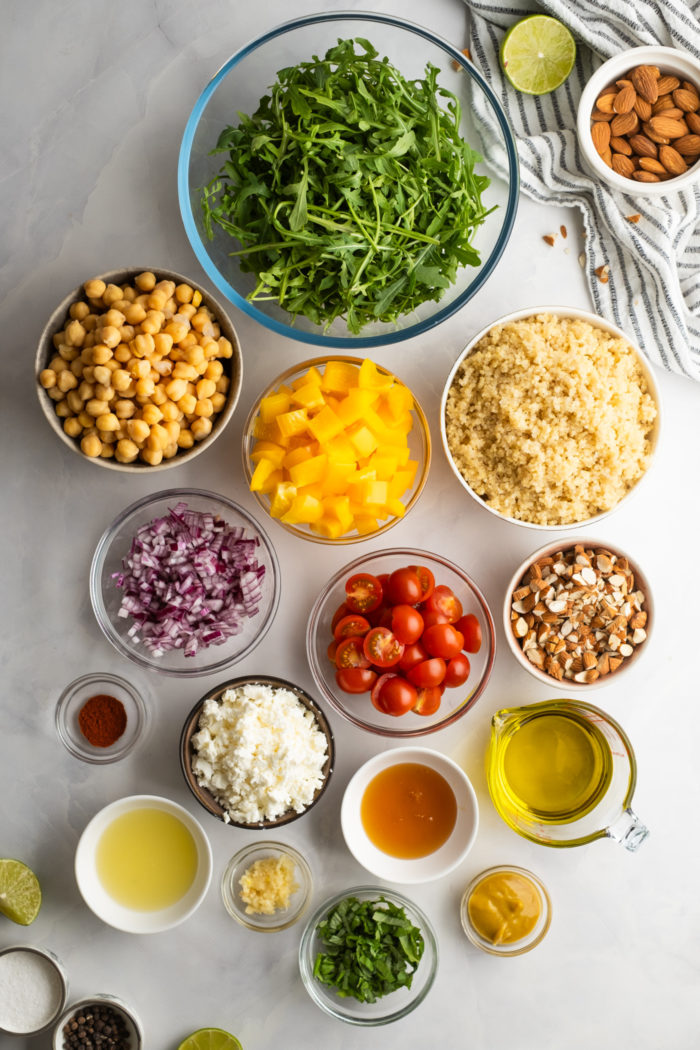 ingredients to make a Quinoa Arugula Salad with Goat Cheese